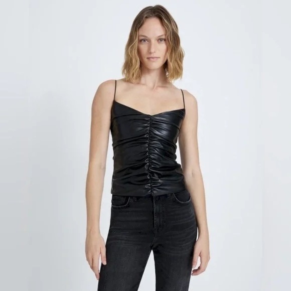 7 For All Mankind Faux Leather Cami‎ Top S Black Ruched Front Spaghetti Strap